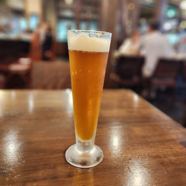 「福生のビール小屋」のゴールデンエールタイプのグラスビールがテーブルに置かれた写真